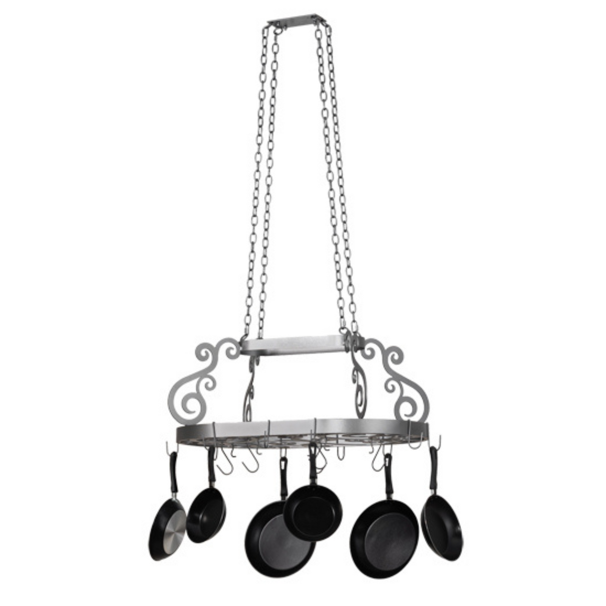 Full view of Neo pot rack with cookware hanging in kitchen setting.