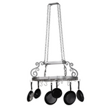 Full view of Neo pot rack with cookware hanging in kitchen setting.