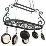 Angled view of Neo pot rack with scroll design in midnight finish.