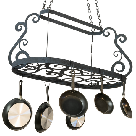 Angled view of Neo pot rack with scroll design in midnight finish.