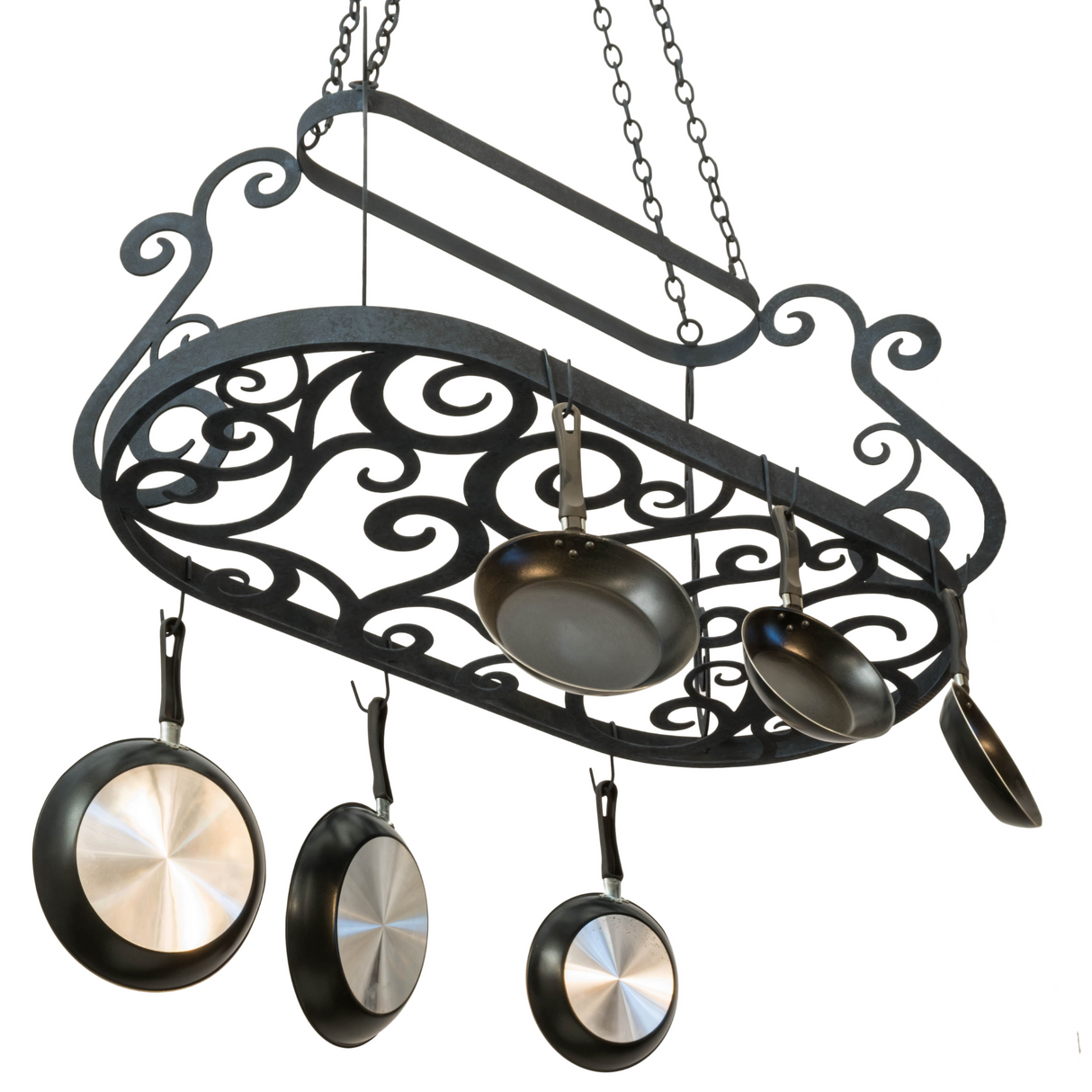 Bottom angle view highlighting scrollwork and pan placement.