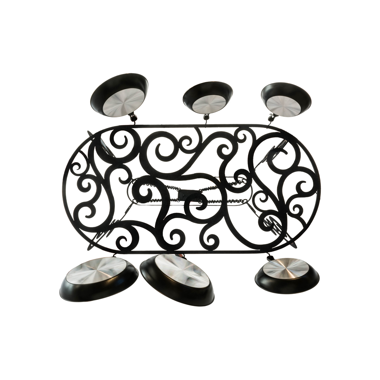 Bottom view showing decorative scroll pattern and hanging chains.