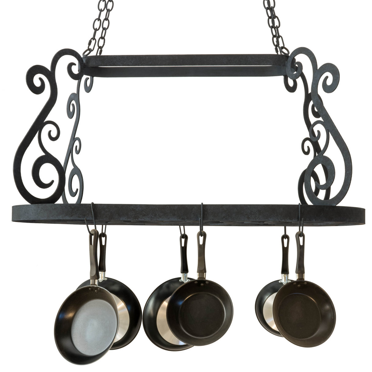 Front view of Neo pot rack with six pans displayed on hooks.