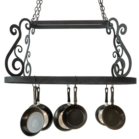 Front view of Neo pot rack with six pans displayed on hooks.