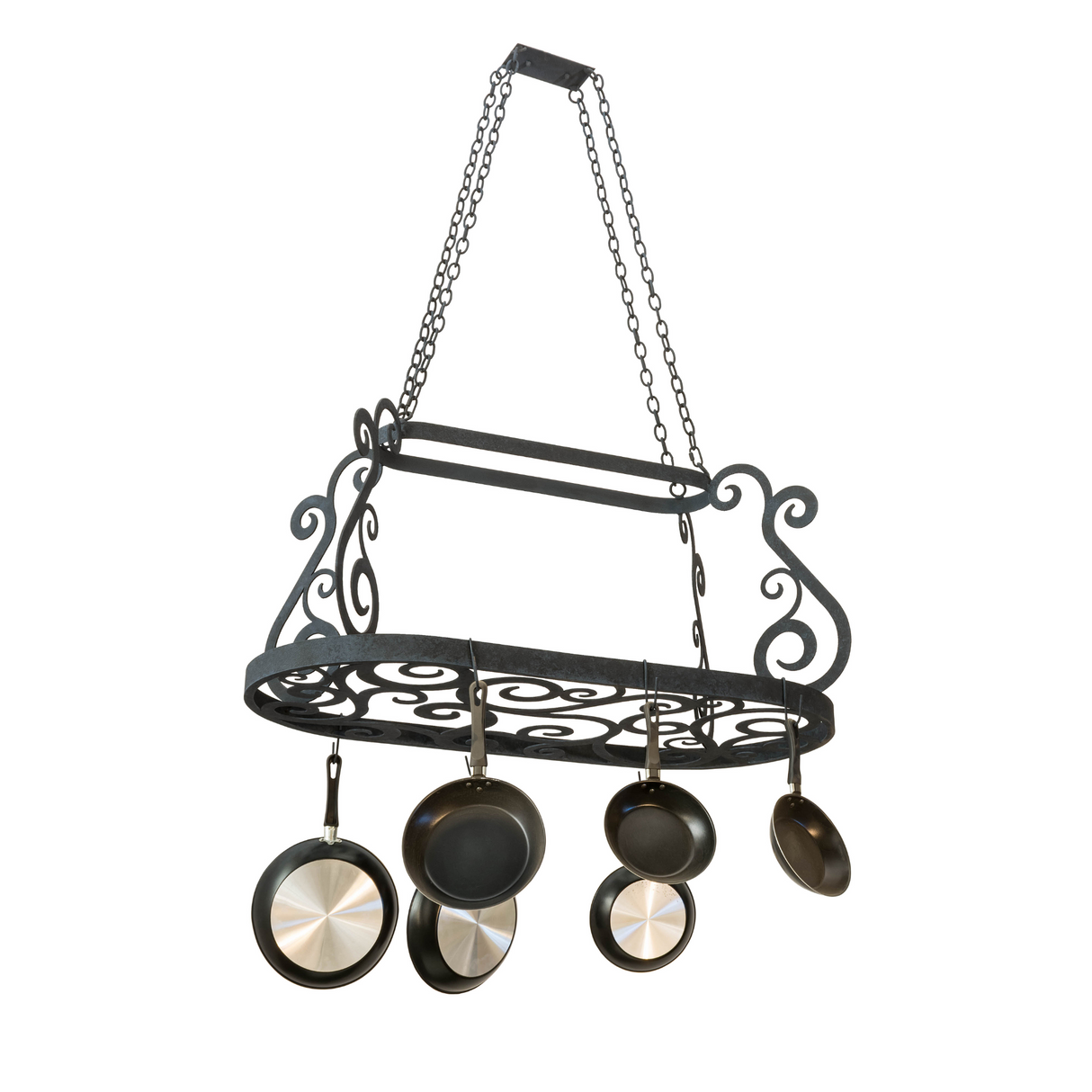 Full view of Neo pot rack with integrated hooks and cookware.
