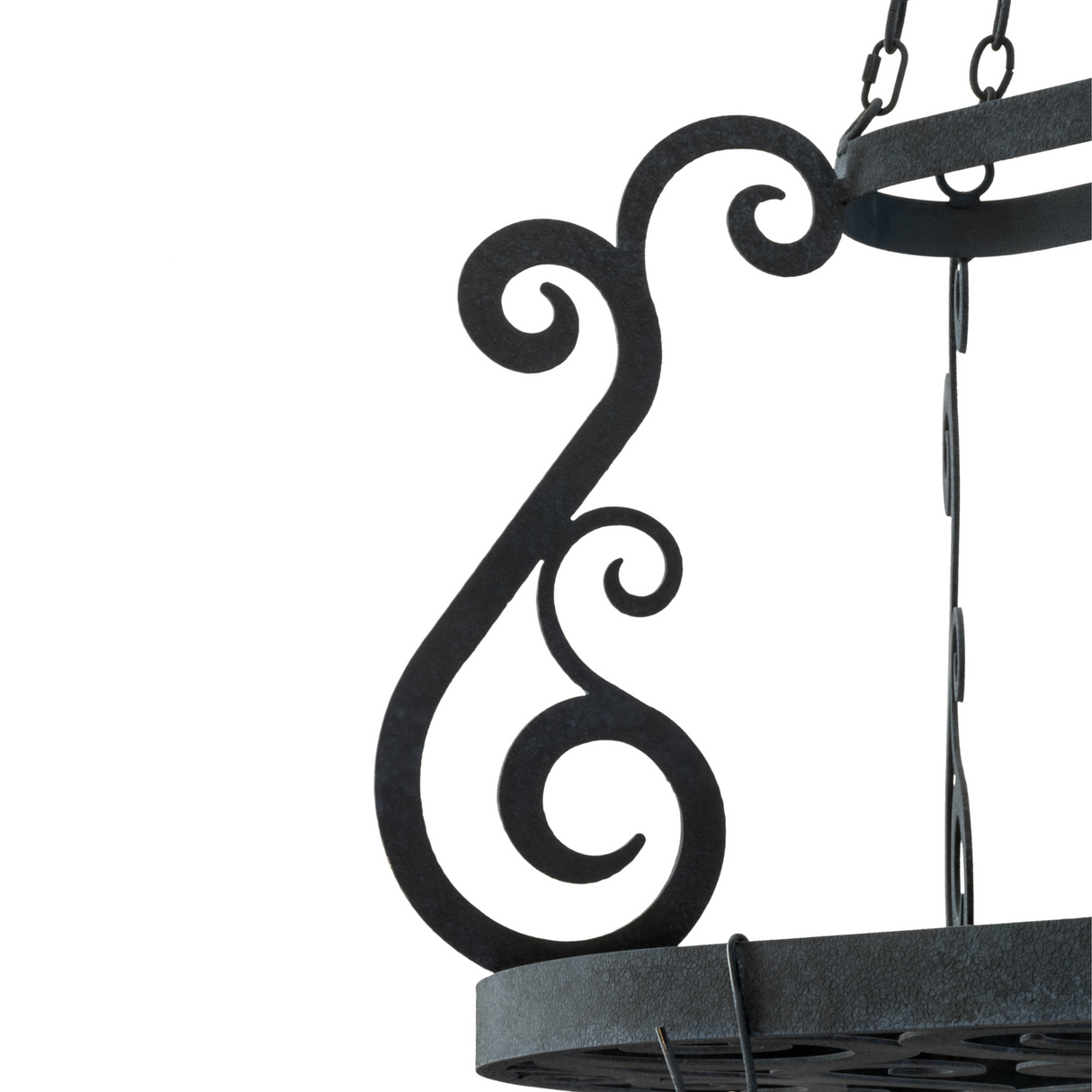 Close-up of hand-forged scroll accent on Neo pot rack.