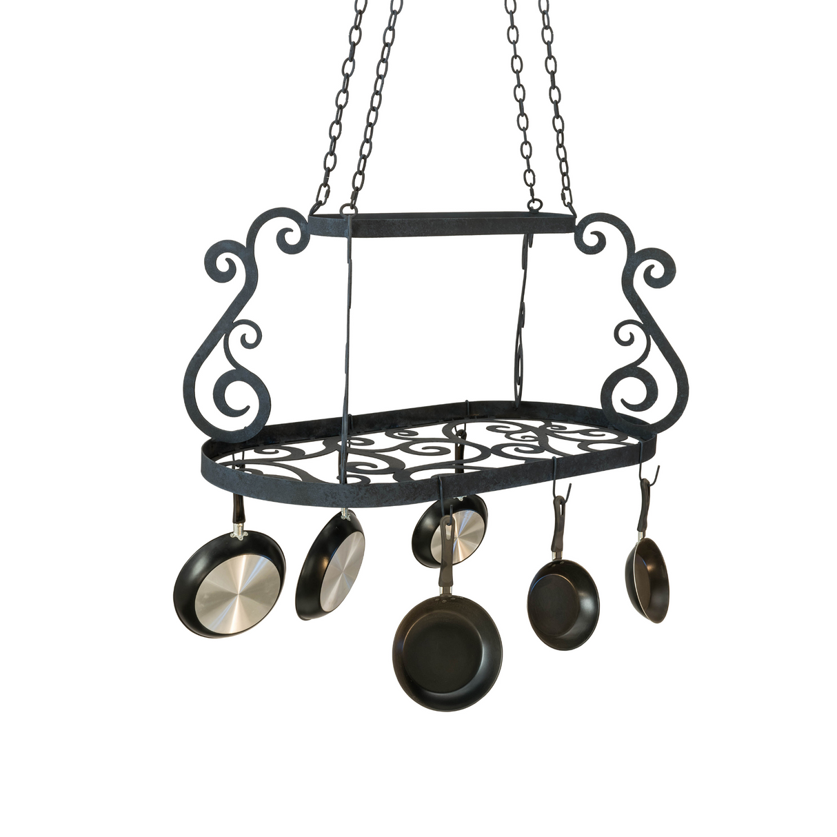 Side view of Neo pot rack showing hanging cookware arrangement.
