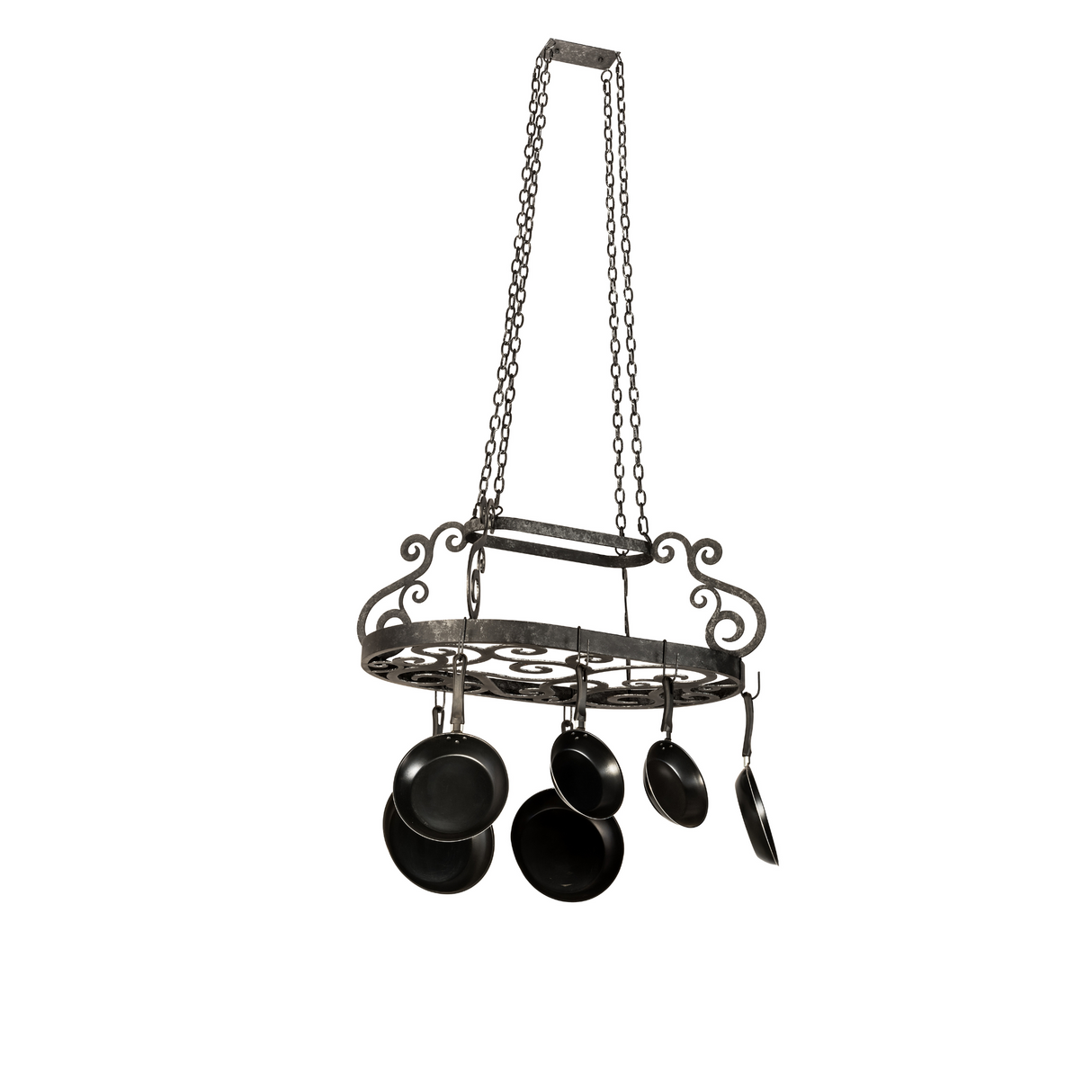 Extended view showing full hanging length with pans attached.