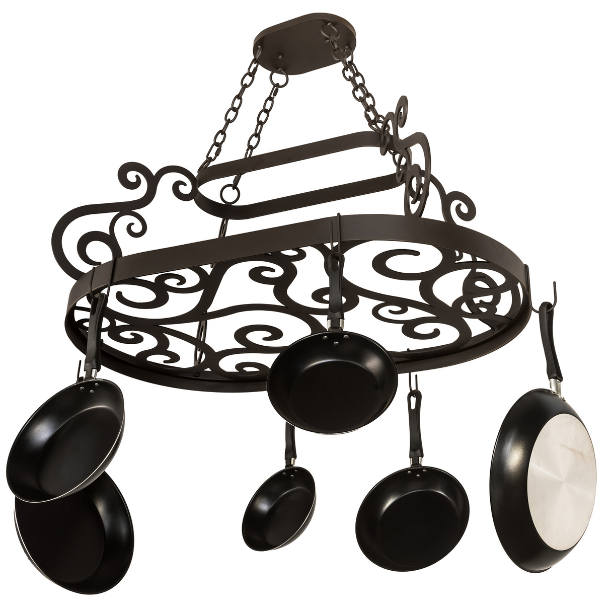 Low angle view highlighting scroll accents and cookware hooks.