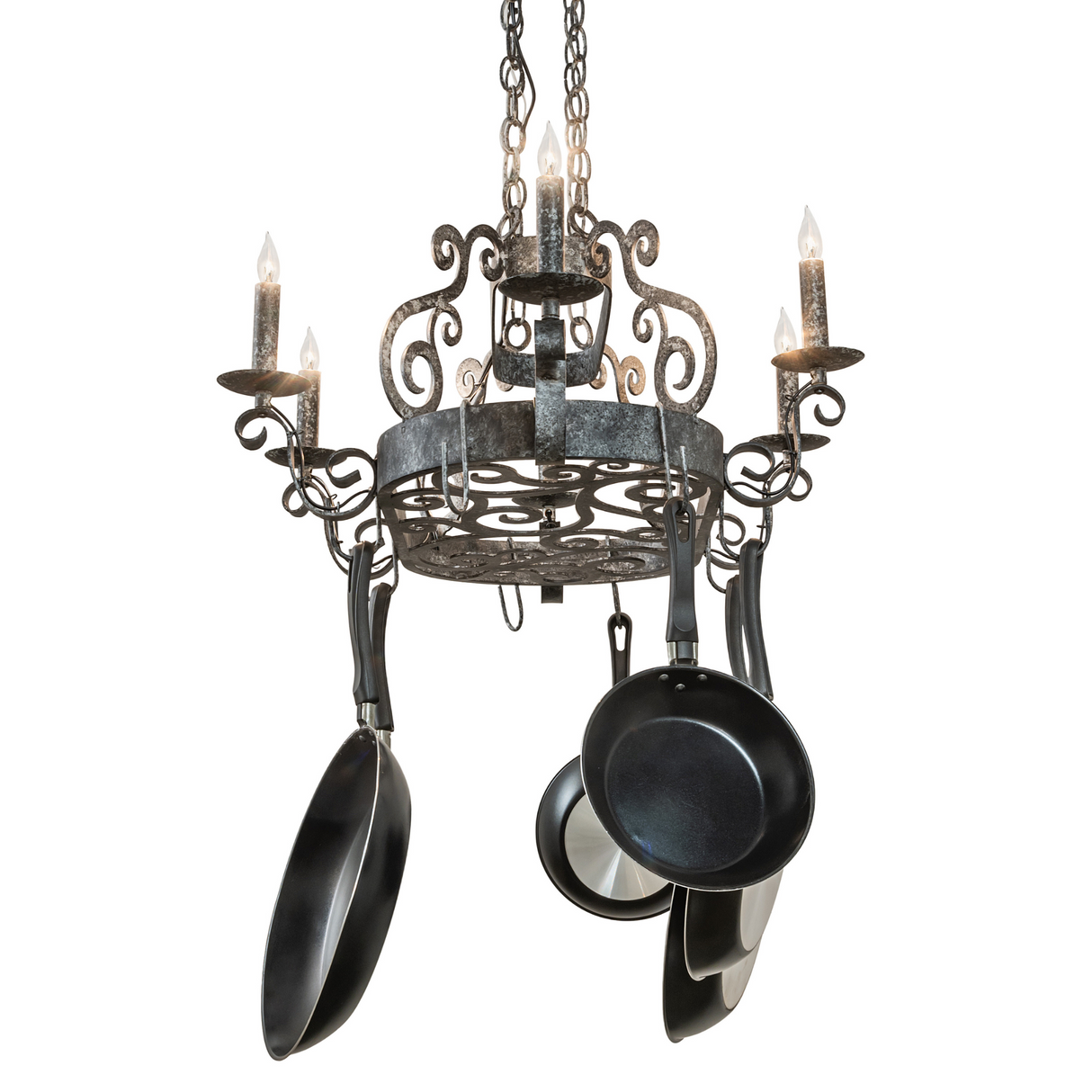 Rear perspective of Neo chandelier with forged scrollwork.