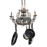 Rear perspective of Neo chandelier with forged scrollwork.