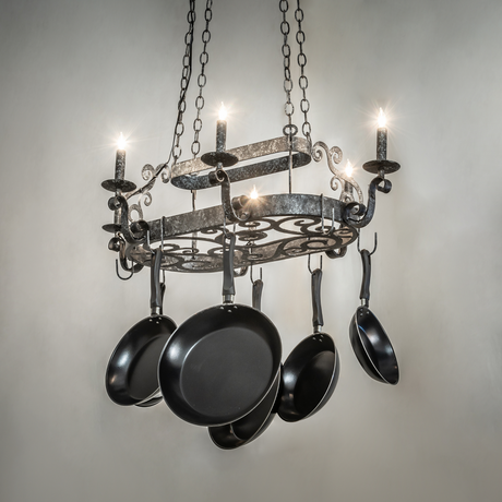 Neo chandelier glowing in a kitchen room setting.