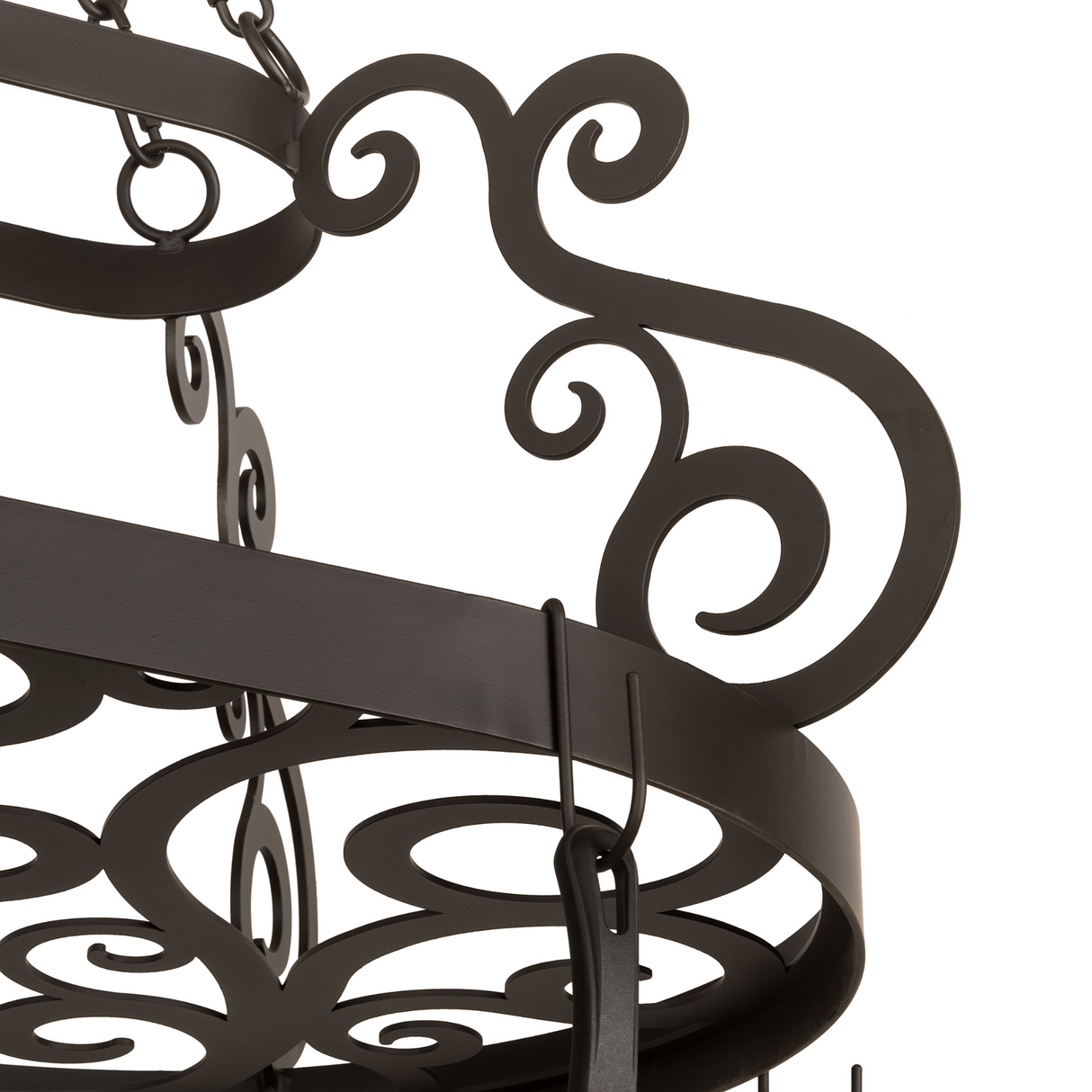 Close-up of scroll accent and hook detail on Neo pot rack.