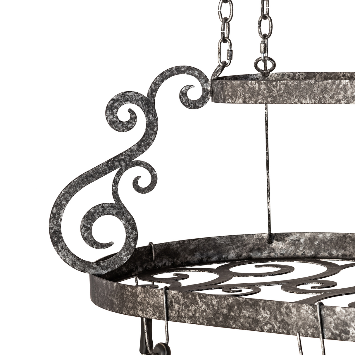 Close-up detail of scrollwork design on Neo pot rack frame.