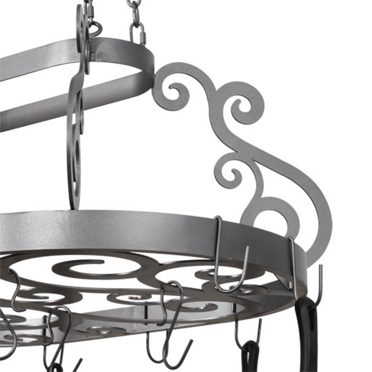 Closeup of scrollwork detailing on Neo pot rack pewter frame.