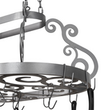 Closeup of scrollwork detailing on Neo pot rack pewter frame.
