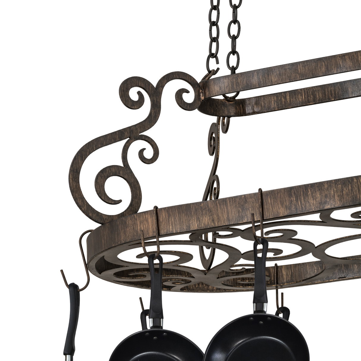 Close-up of scrollwork design with hanging hooks.