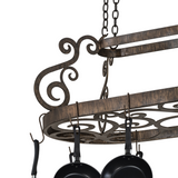 Close-up of scrollwork design with hanging hooks.