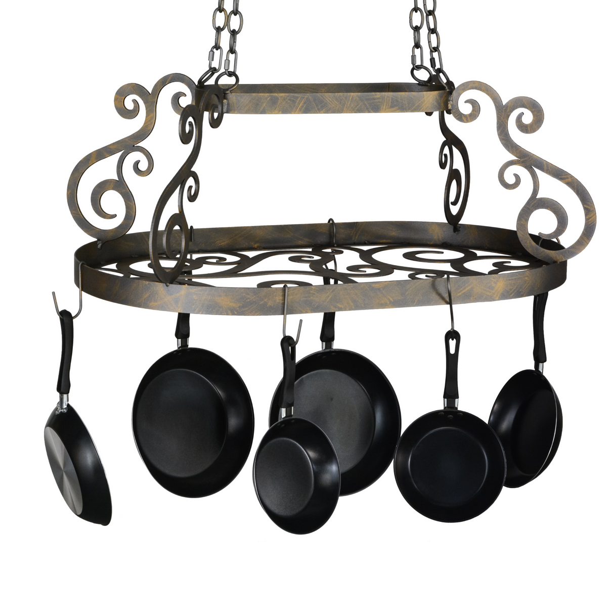 Side angle of oval bronze pot rack with pans.