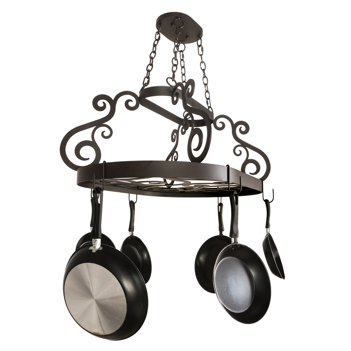 Side angle view of Neo pot rack with pans on display.