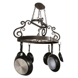 Side angle view of Neo pot rack with pans on display.