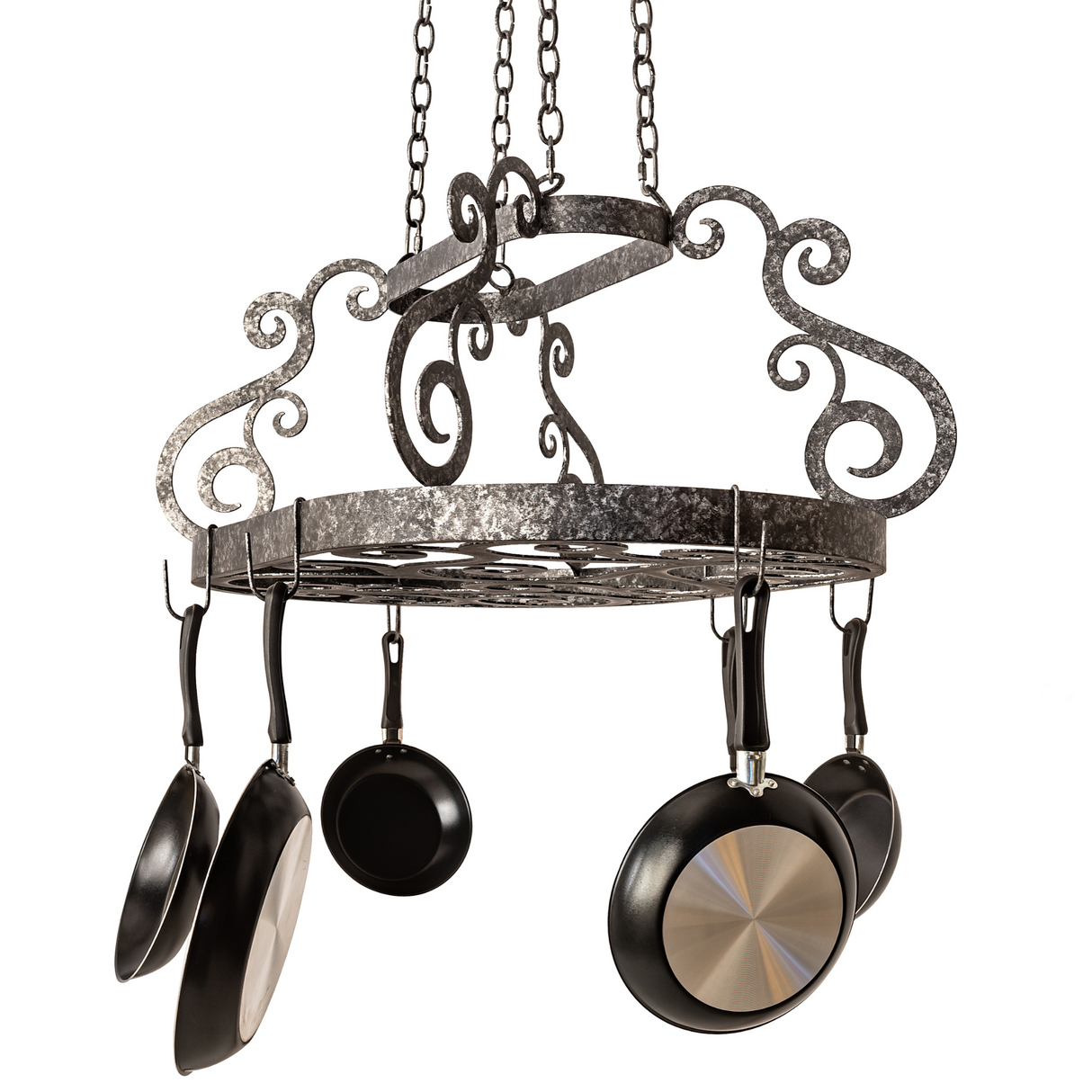 Side angled view highlighting scroll accents of Neo pot rack.