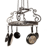 Side angled view highlighting scroll accents of Neo pot rack.