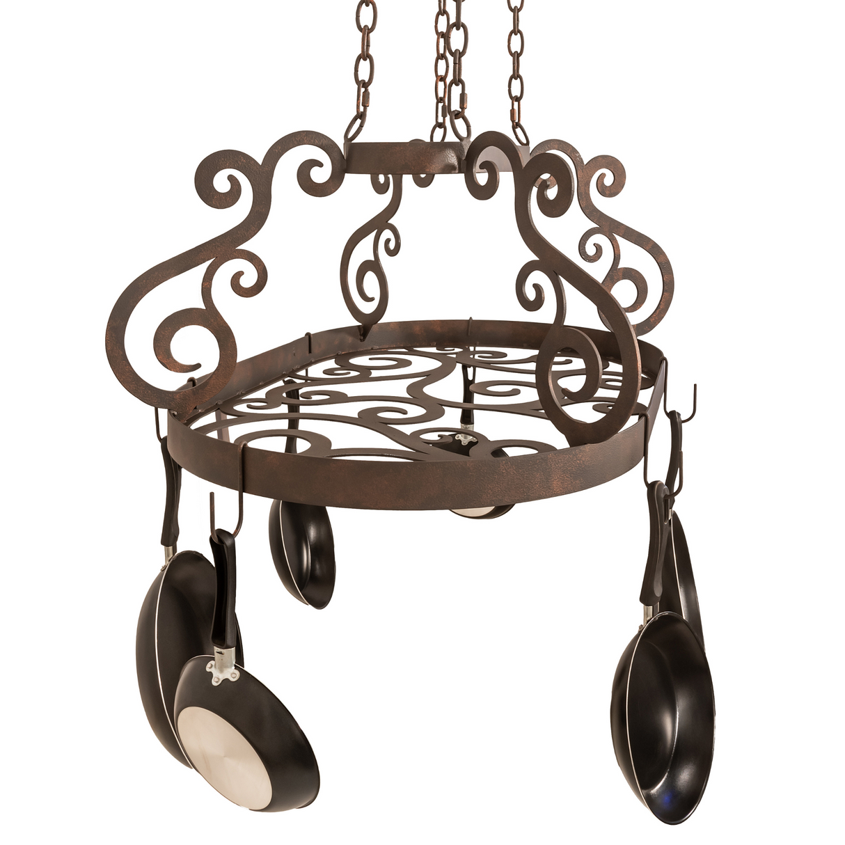 Side angle of 38" Neo pot rack in copper rust finish.