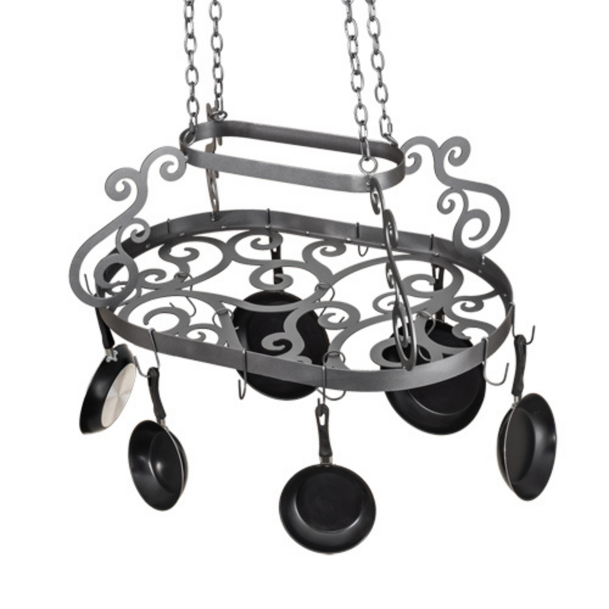Side angle of 38-inch Neo pot rack in pewter finish.