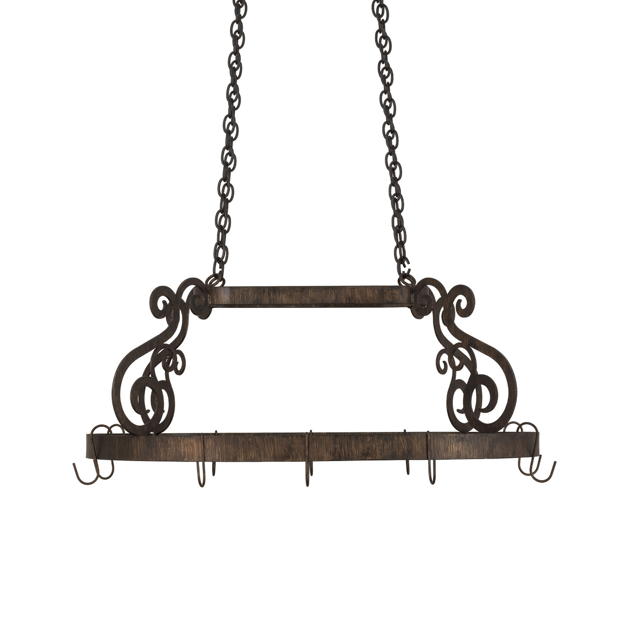 Side view of Neo pot rack displaying hooks and scroll pattern.