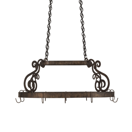Side view of Neo pot rack displaying hooks and scroll pattern.