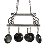 Side profile of Neo pot rack highlighting curved scrollwork.