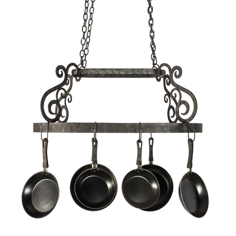 Side profile of Neo pot rack highlighting curved scrollwork.