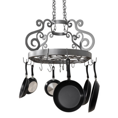 Side view of pewter Neo pot rack with pans attached.