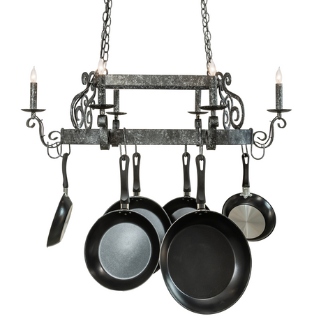 Side perspective of Neo chandelier with scroll details lit.