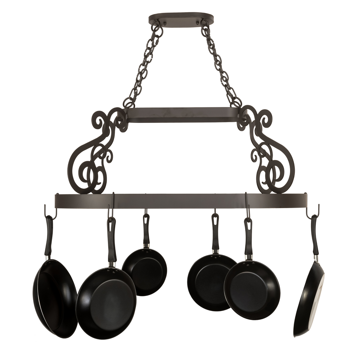 Straight front view of Neo pot rack with hanging pans.
