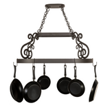 Straight front view of Neo pot rack with hanging pans.
