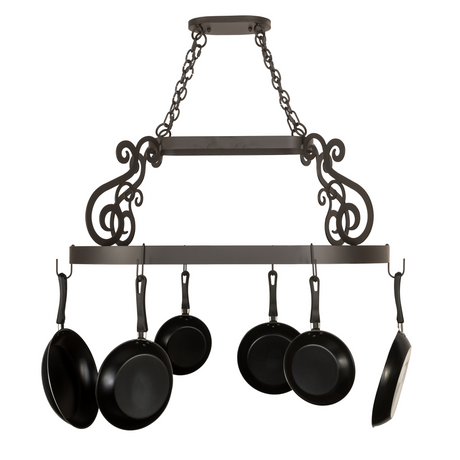 Straight front view of Neo pot rack with hanging pans.