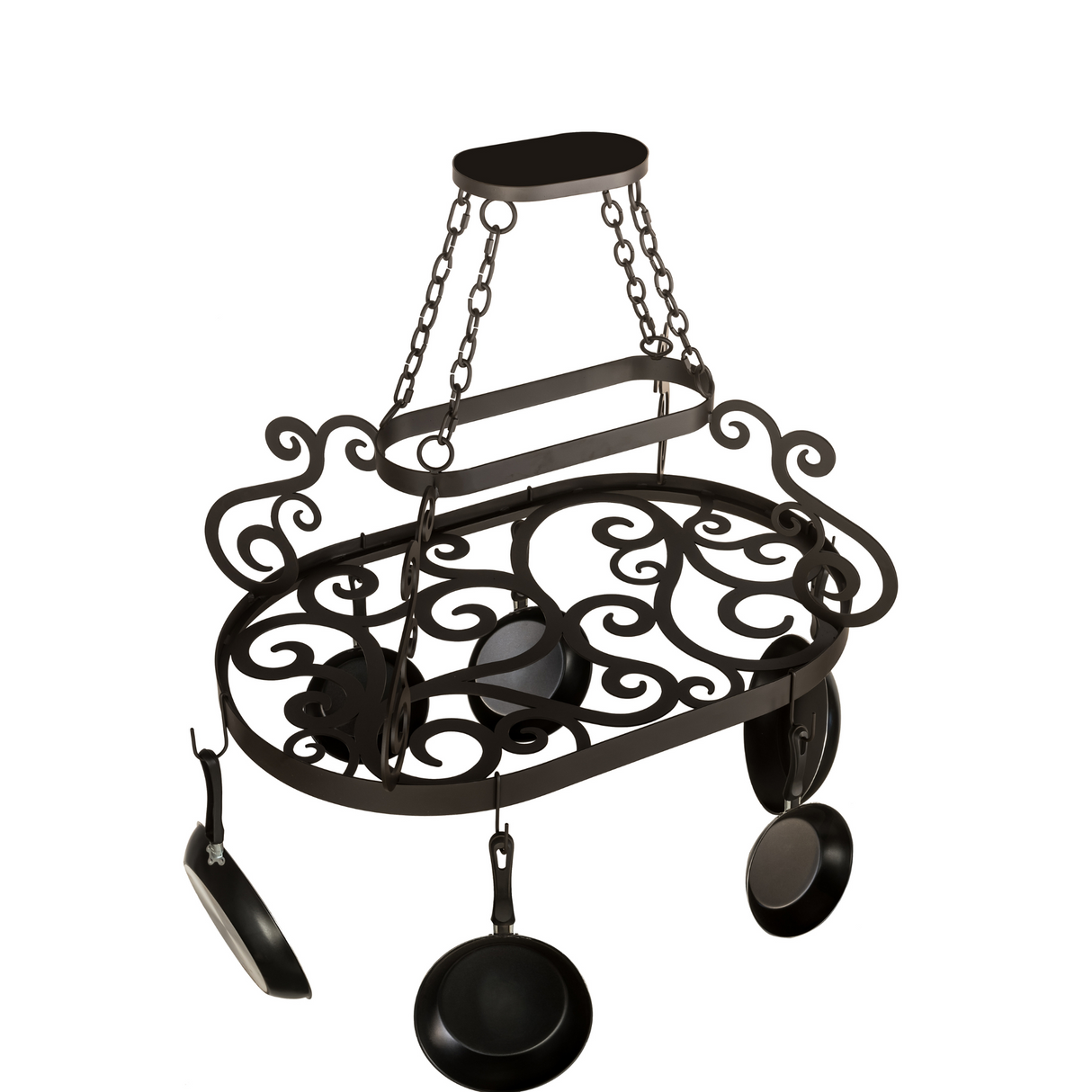 Top angle showing scrollwork and hanging design of Neo pot rack.