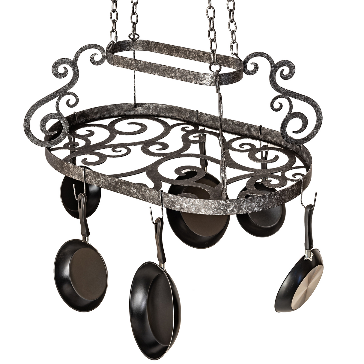 Top angled view of Neo pot rack showing scrollwork design.