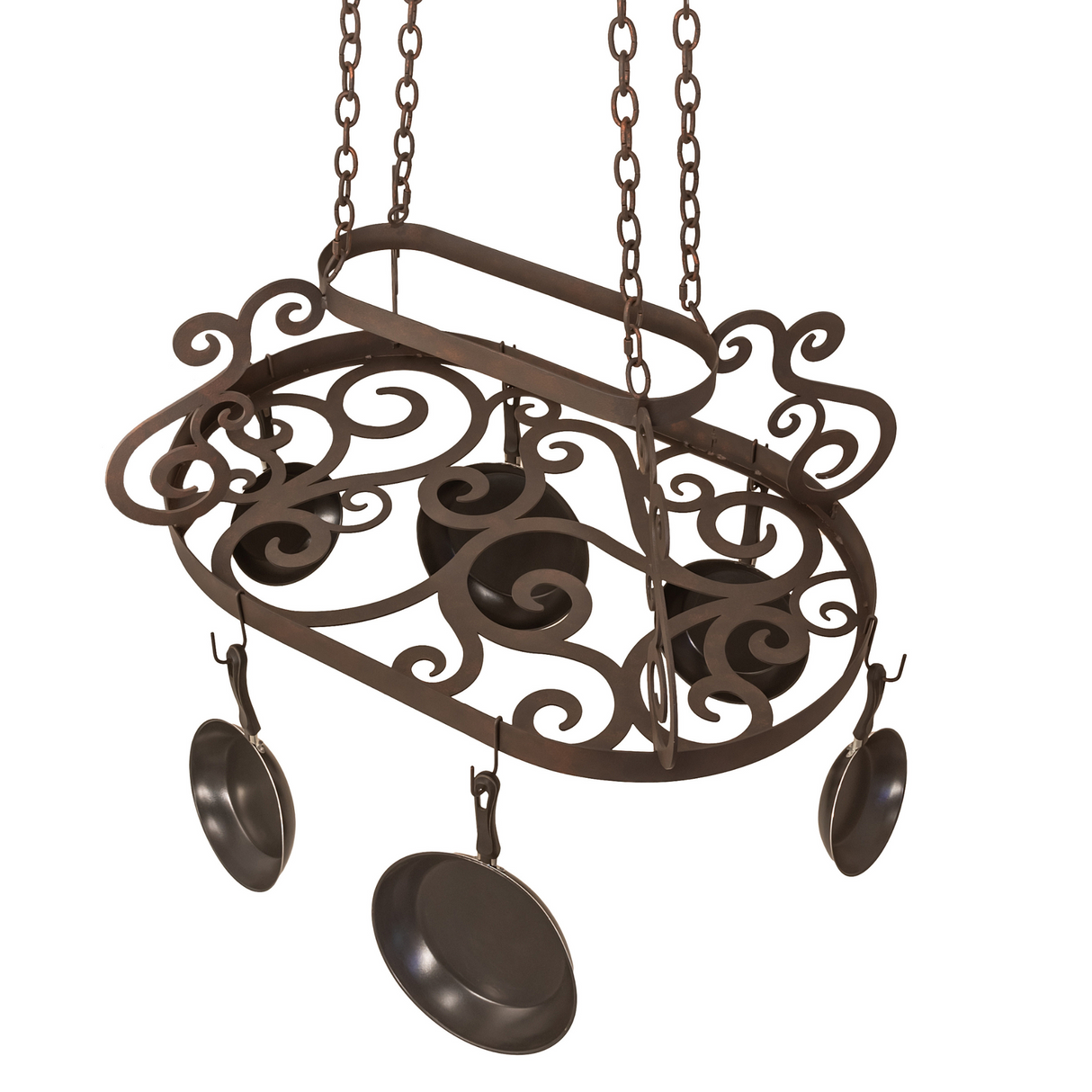 Top angle view of 38" Neo pot rack with forged details.