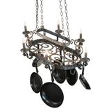 Top angled view of Neo chandelier pot rack lit.