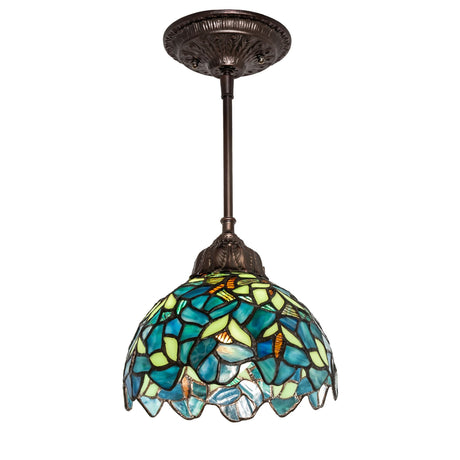 Nightfall Wisteria Mini Pendant with a glass shade in blue and green tones.