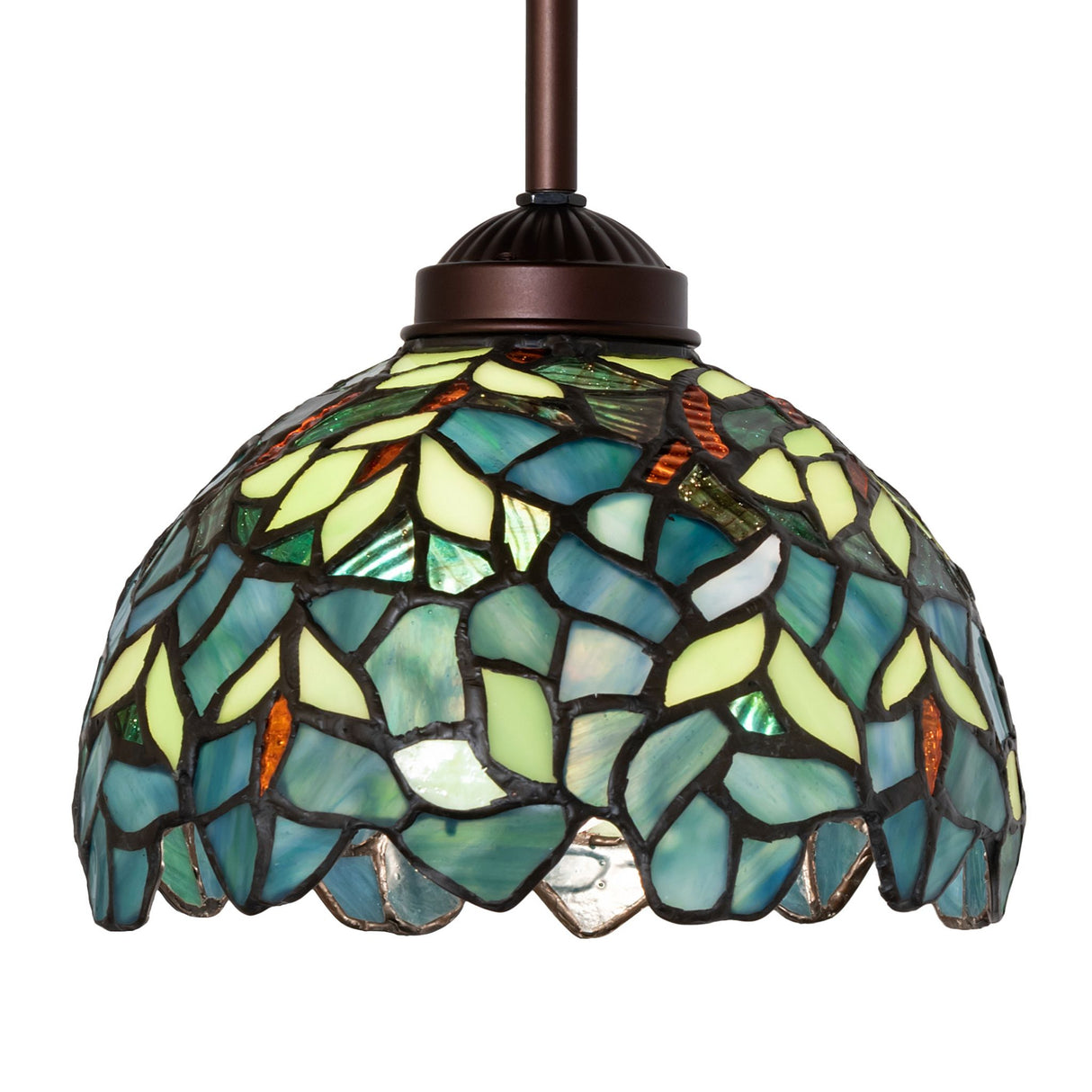 Nightfall Wisteria mini pendant, 8 inches wide, featuring vibrant blue and green glass.