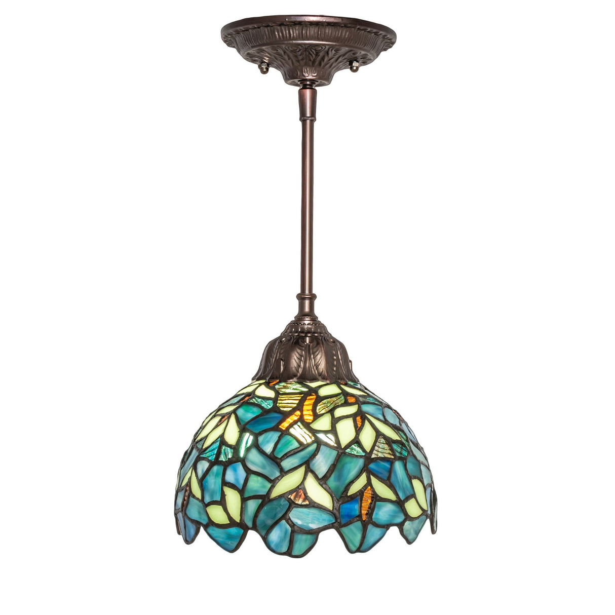 Detailed view of the blue and green glass shade on the Nightfall Wisteria Mini Pendant.