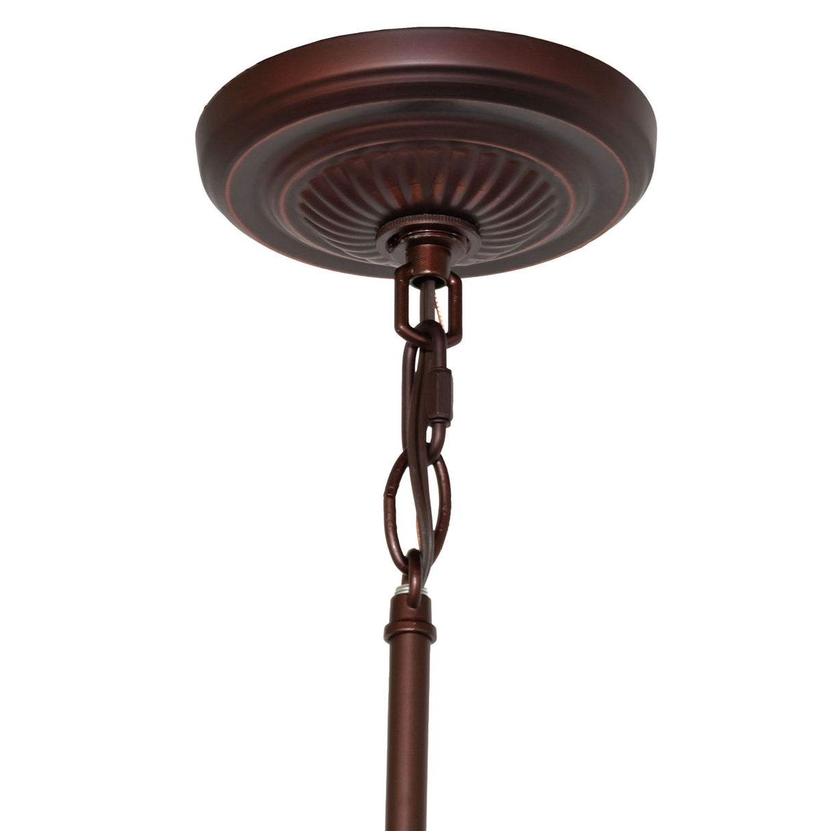 Closeup of the ceiling mount for the Nightfall Wisteria mini pendant in bronze finish.
