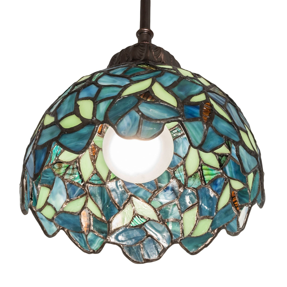 Nightfall Wisteria mini pendant showcasing its vibrant blue and green stained glass design.