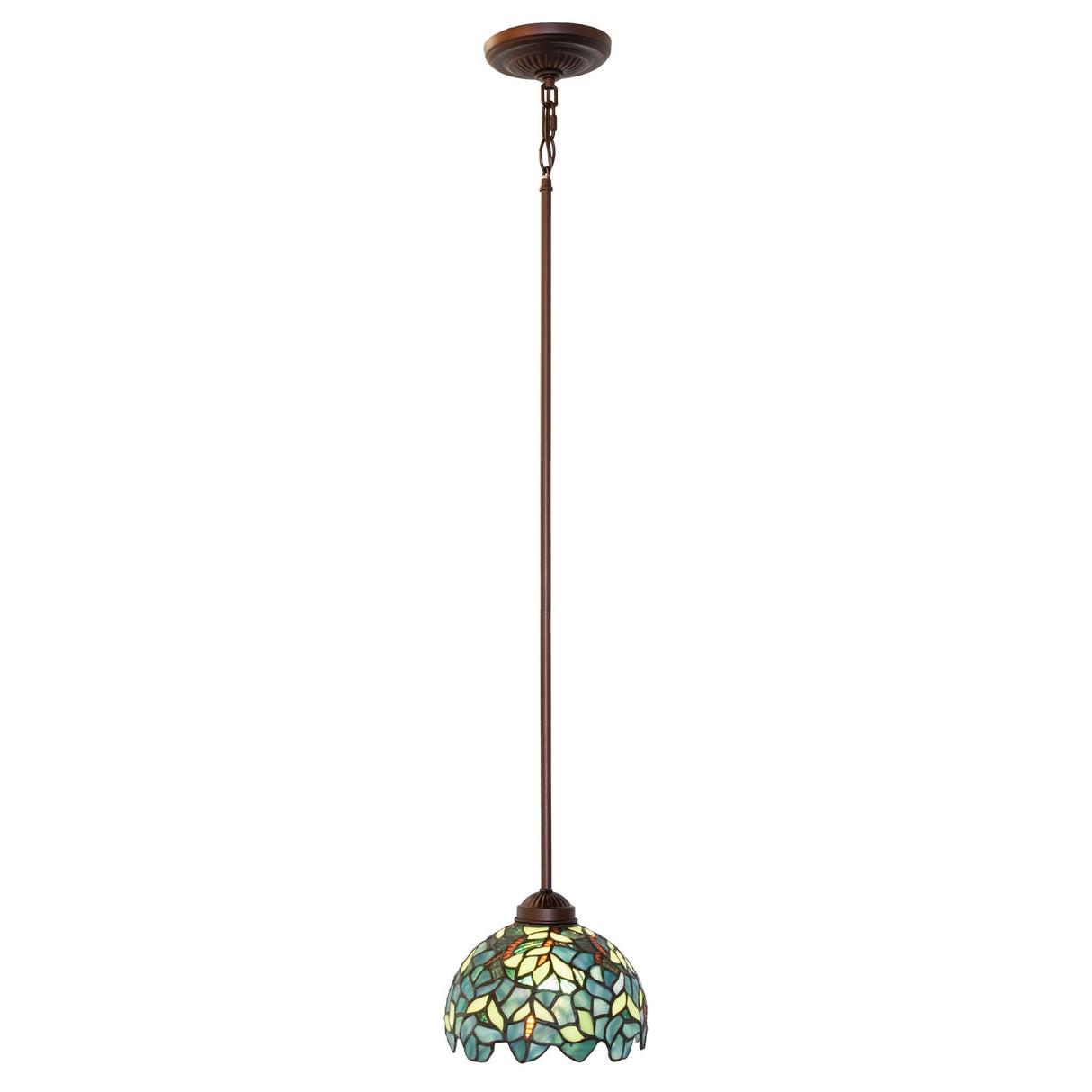 Full-length view of the Nightfall Wisteria mini pendant with hanging rod and ceiling mount.