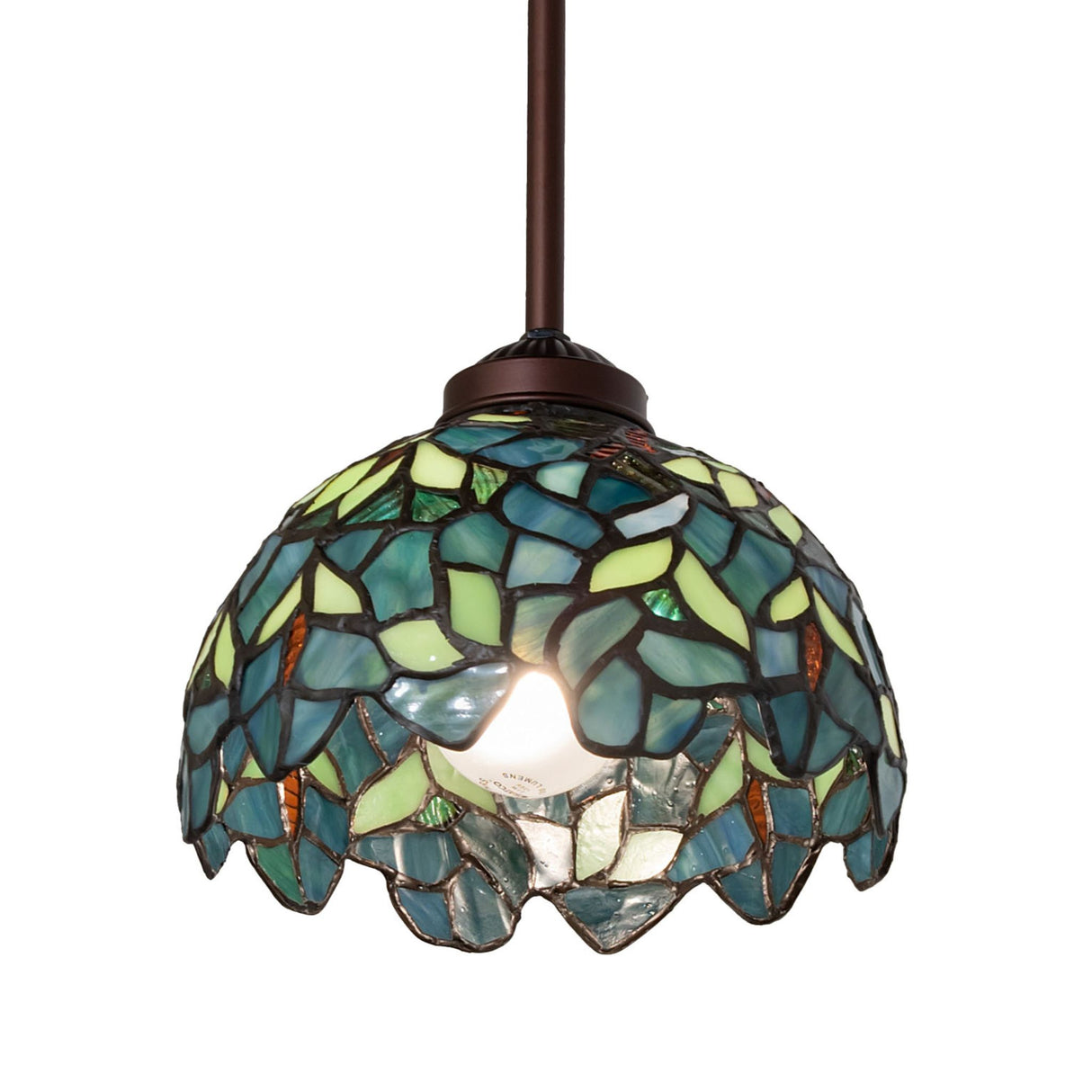 Illuminated front view of the Nightfall Wisteria mini pendant showcasing vibrant colors.
