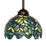 Side view of the Wisteria pendant with Tiffany-style blue and green glass shade.